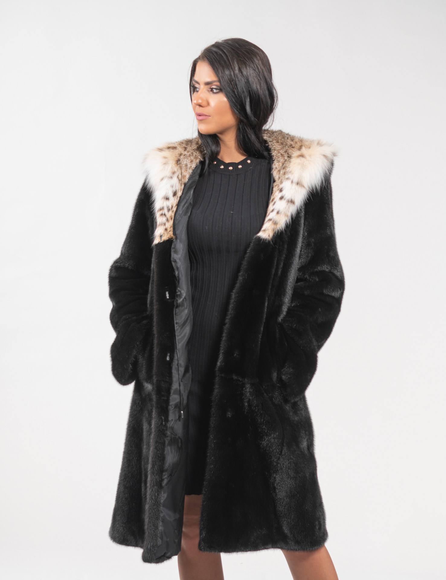 Full length brown real mink fur coat with hood. Long line natural color  warm winter fur coat. Full skin hooded mink fur overcoat - PAPEL FURS