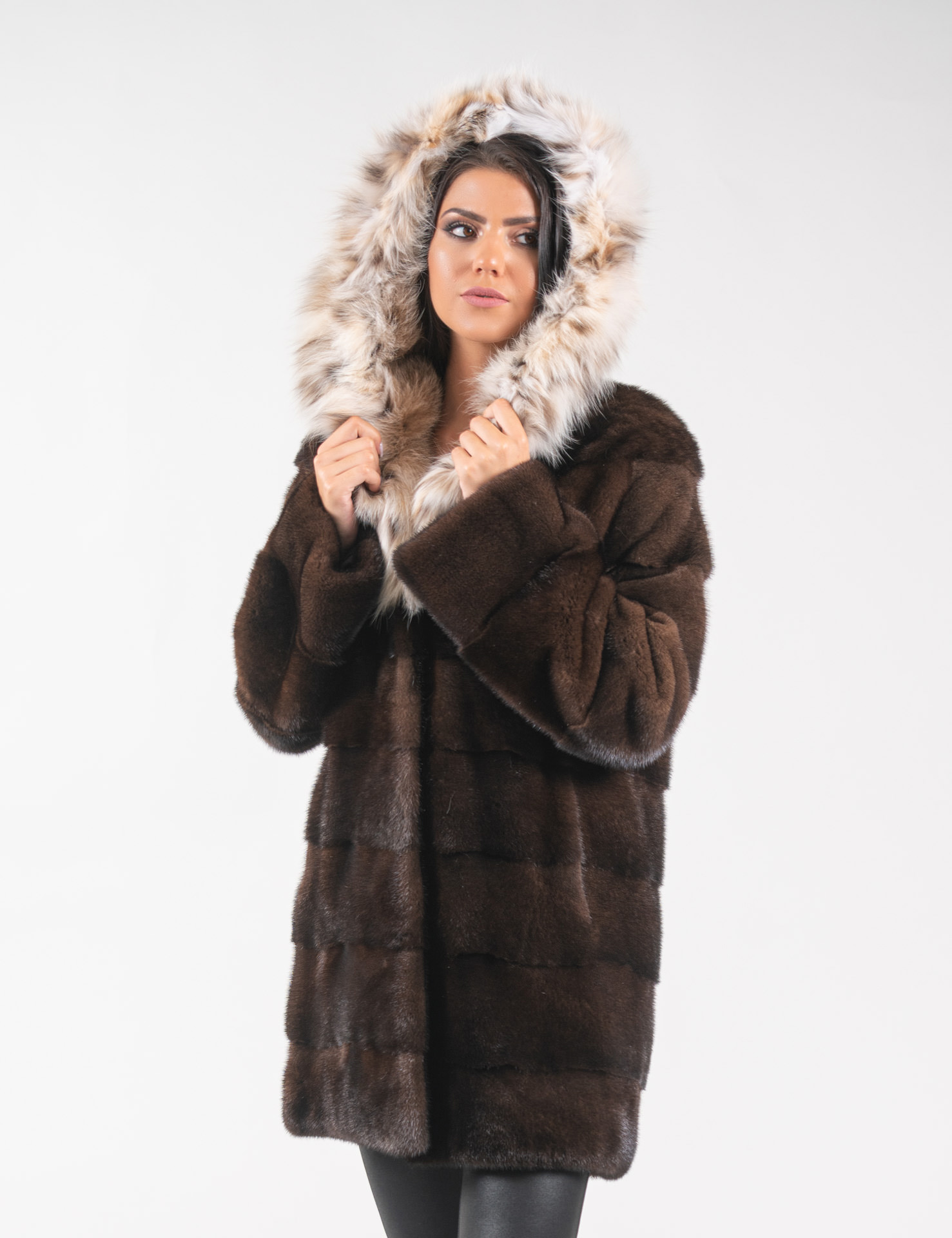 Full skin pink real mink fur jacket with hood and detachable sleeves.  Modern multiwearable winter fur jacket - PAPEL FURS