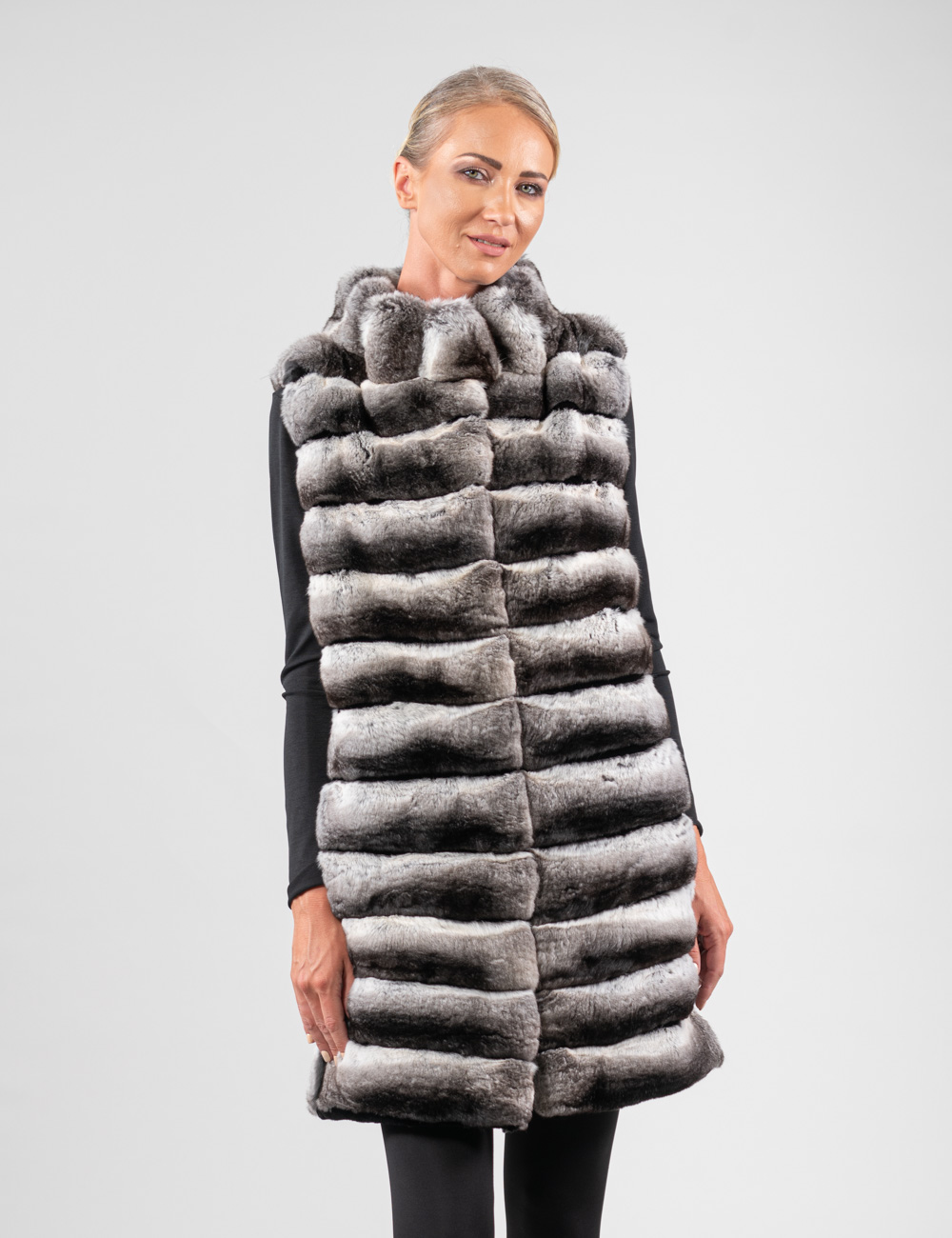 Long line natural color real chinchilla fur vest with stand collar
