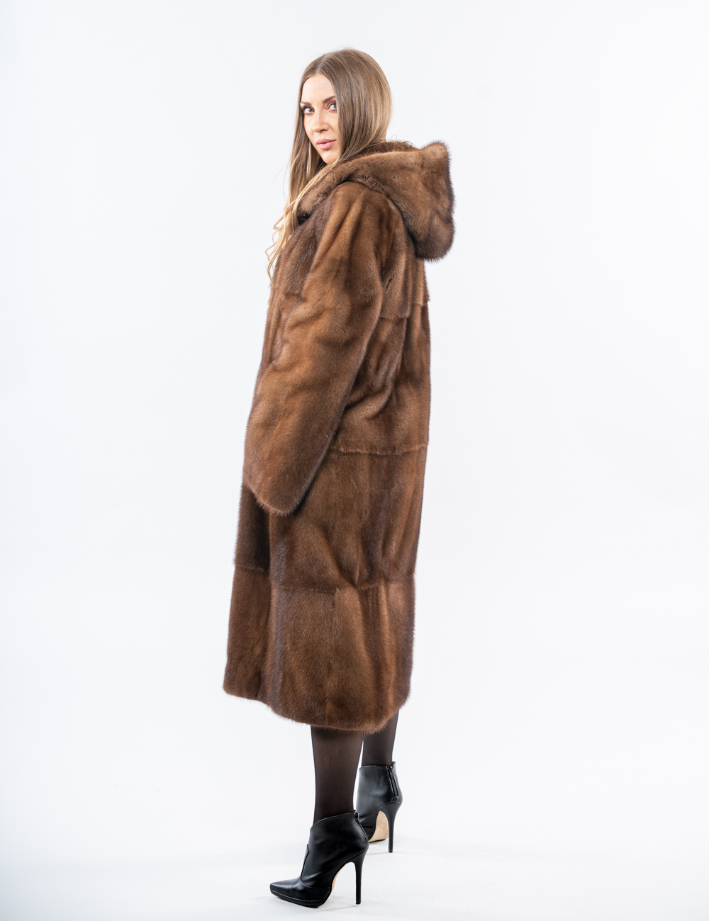 Real Mink Fur Jacket With A Hood in Brown Color 