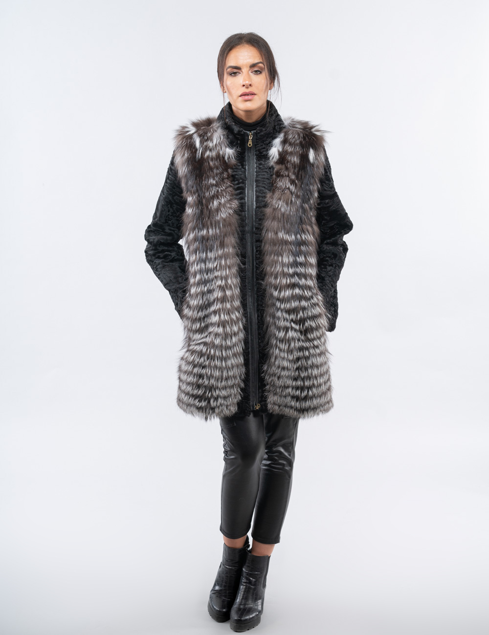 Double material fox and astrakhan fur coat with detachable sleeves – PAPEL  FURS