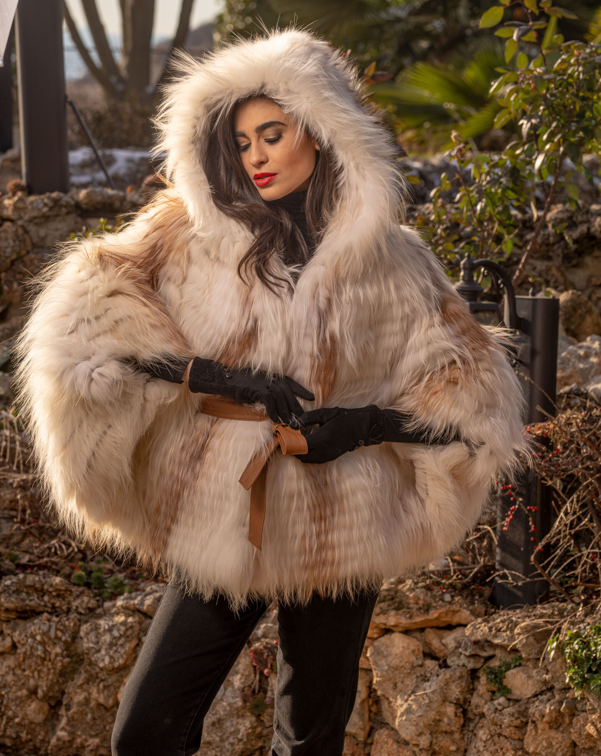 Women Real Fox Fur Lapel Coat Winter Full Pelt Warm Jackets Red Cropped  Outwear