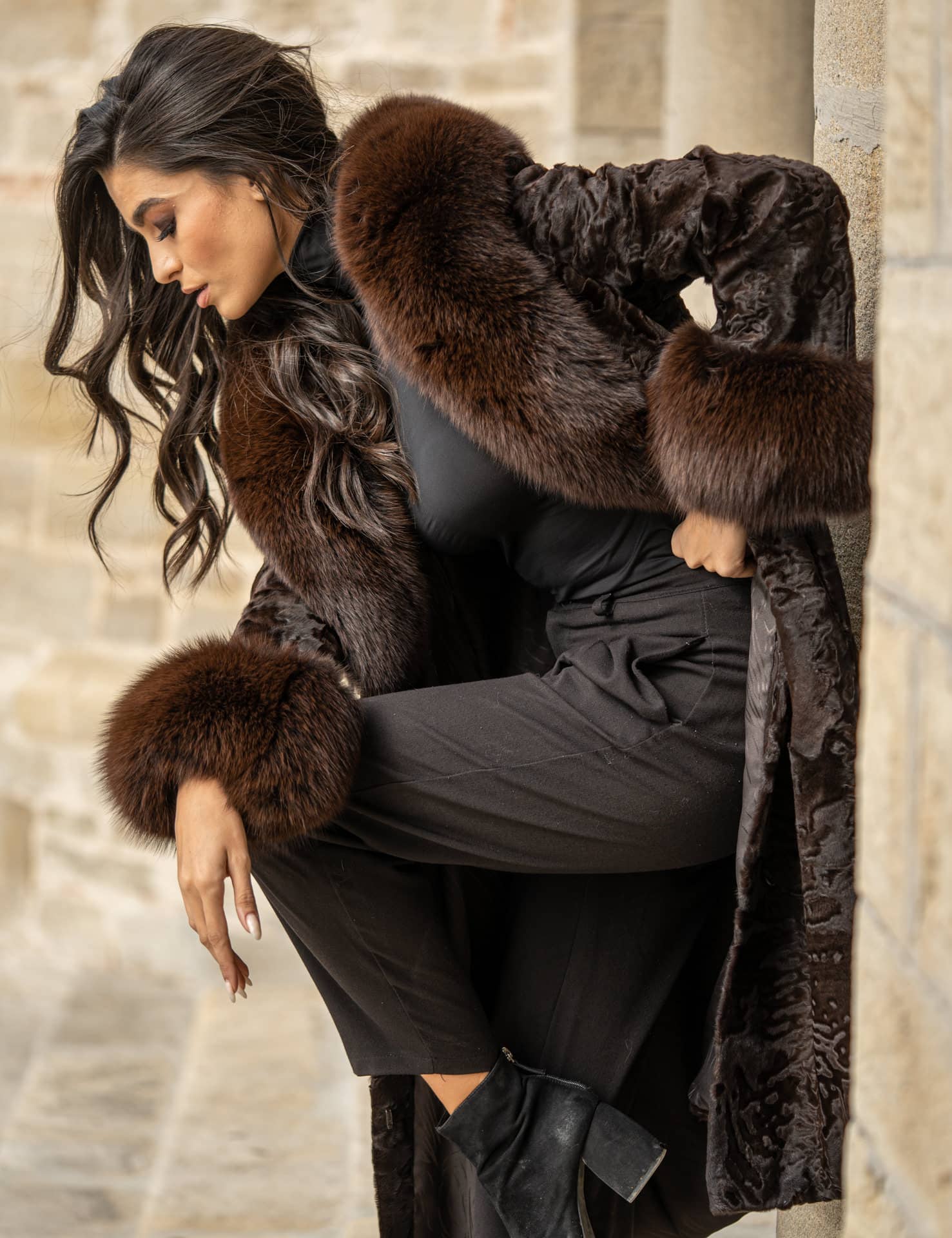 Long line high quality real astrakhan fur coat in brown color with fluffy  fox fur collar and cuffs. - PAPEL FURS