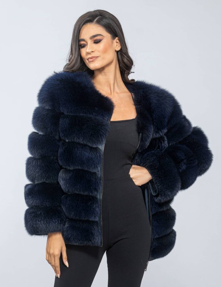 Modern blue-black collarless fox fur jacket. Fluffy real fox fur with ...